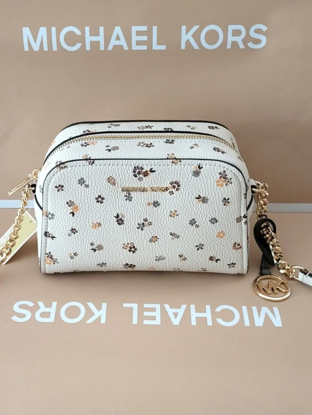 Michael Kors Ashton Extra Small XS Camera Floral Print Crossbody Light Cream Bag